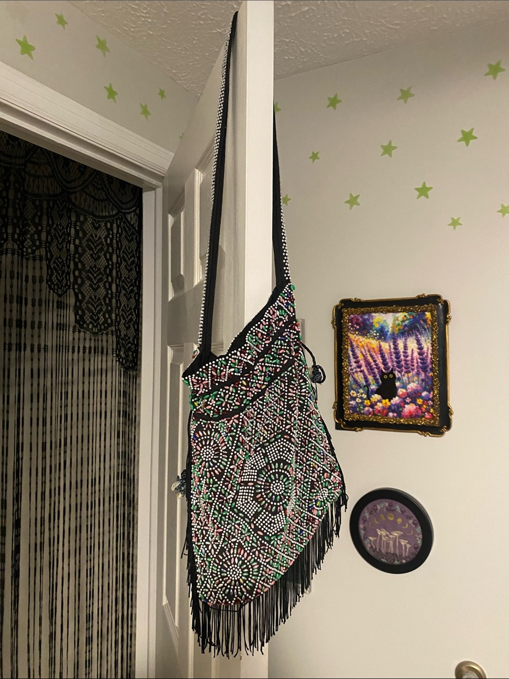 Boho Beaded Fringe Shoulder Bag - Black, Green & Pink